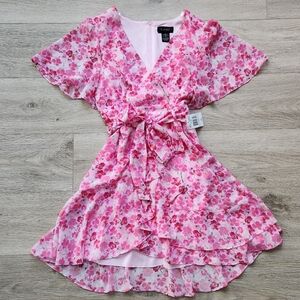 B. Smart Pink Floral Dress Women Juniors 5 Flutter Sleeve Dress Faux Wrap Ruffle